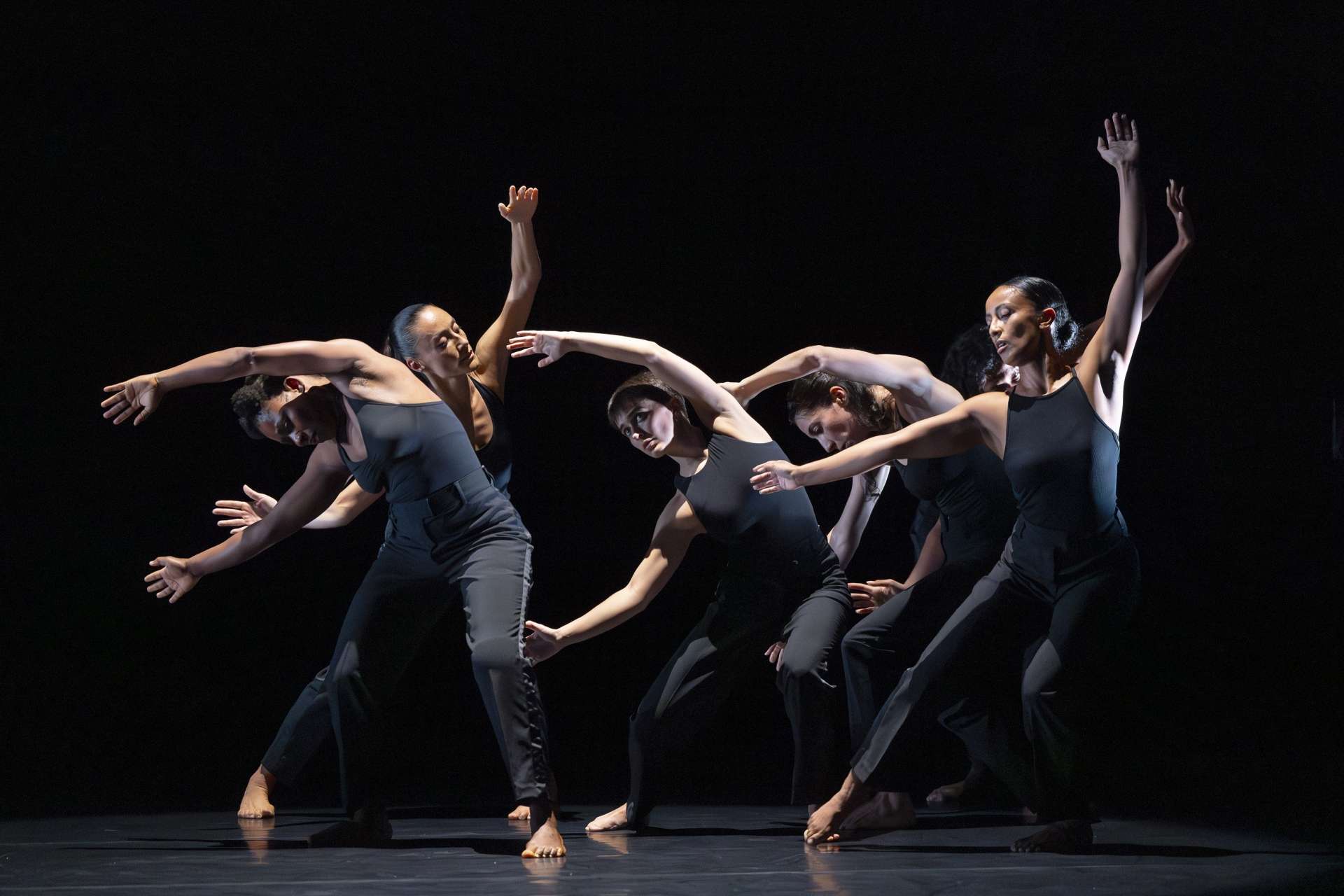 Photo d'un collectif de danseuses vêtues de noir qui exécute une chorégraphie de danse moderne. La chorégraphie met l'accent sur des mouvements de bras fluides et étendus et de leurs corps élancés.