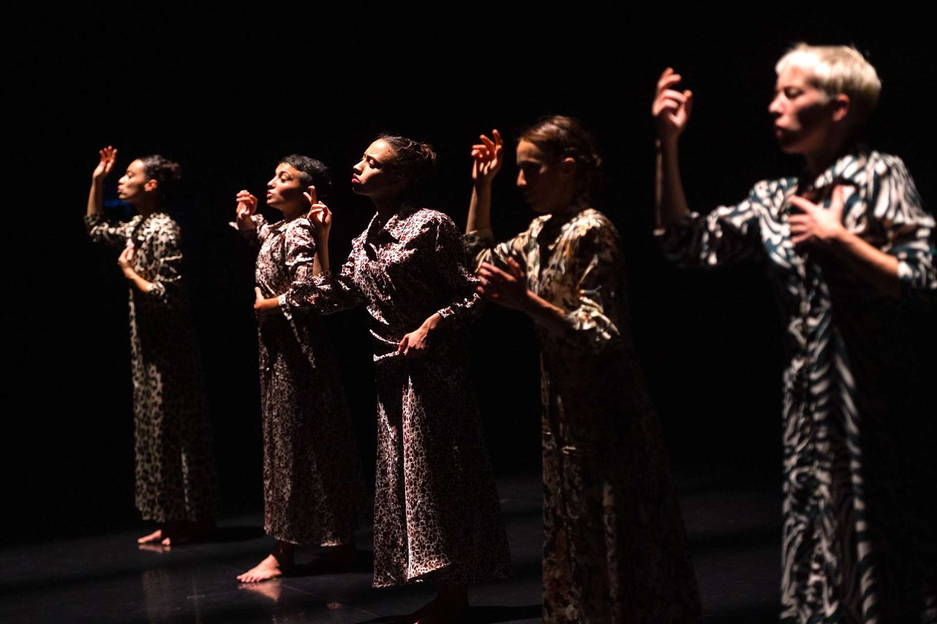 Cinque danseuses sont alignées et portent des robes à motifs différents. Elles semblent faire des mouvements de danse avec leurs bras et leurs mains qui sont en mouvements. 