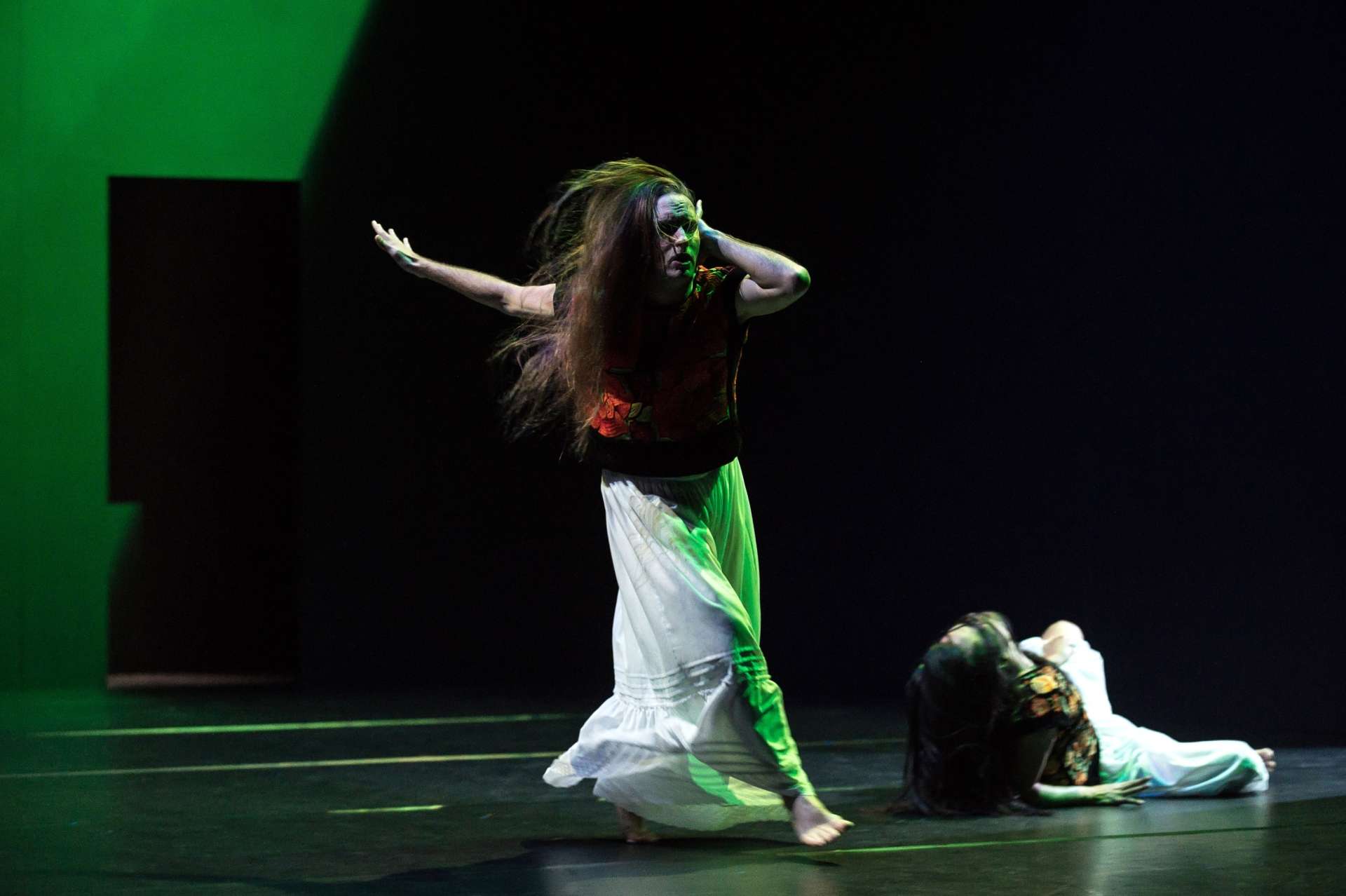 Deux danseurs exécutent une performance expressive sur une scène sombre éclairée par des lumières vertes. Le premier danseur a de longs cheveux bruns qui volent autour de sa tête, il semble en mouvement. Son visage exprime une émotion intense, avec une bouche entrouverte et une main semblant sa tempe, l'autre bras est jeté en arrière. Plus loin à droite un deuxième danseur est allongé et en mouvement.
