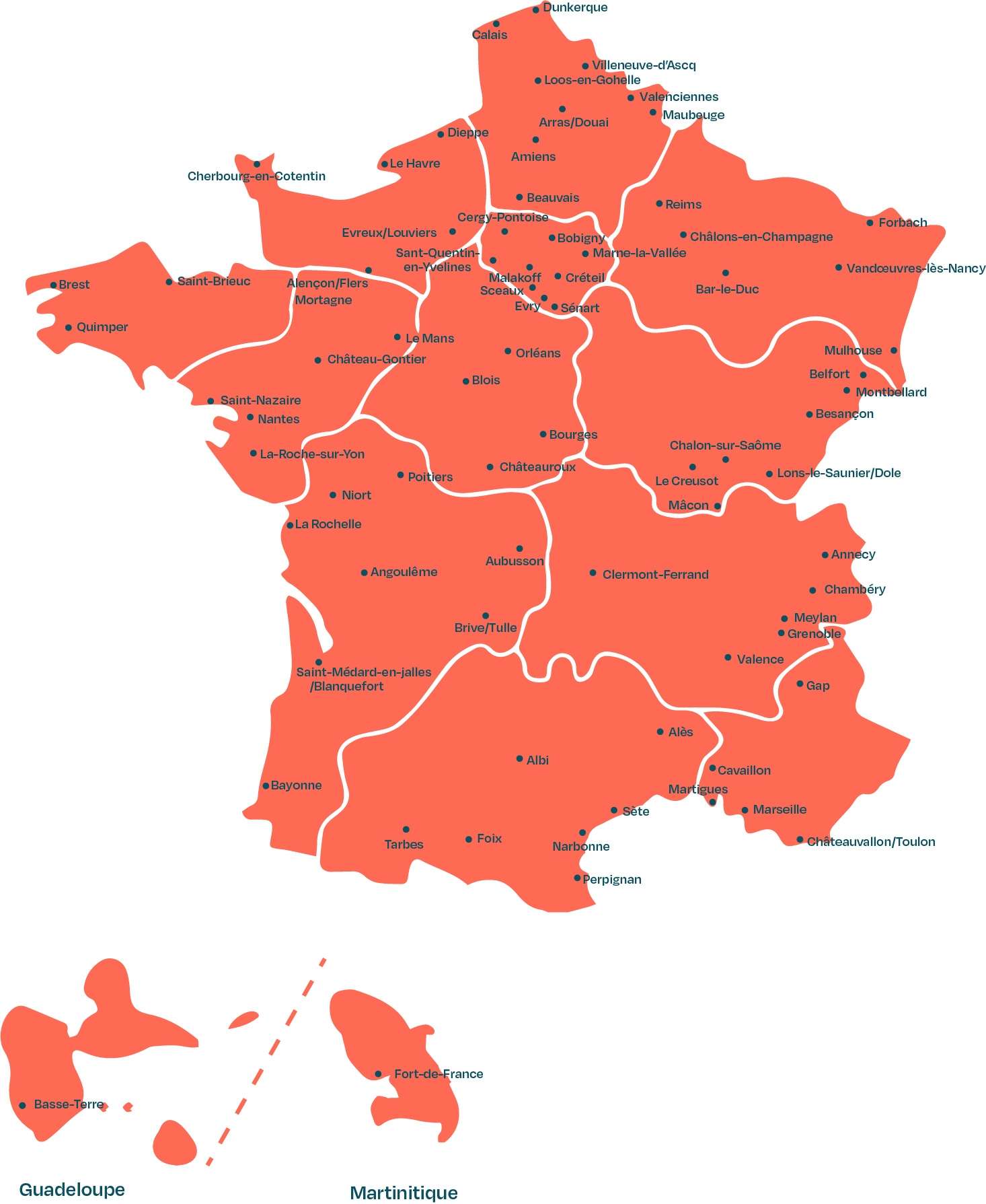 Carte de France avec mentions des villes dans lesquelles il est possible de trouver des structures labélisées de type scène nationale.
